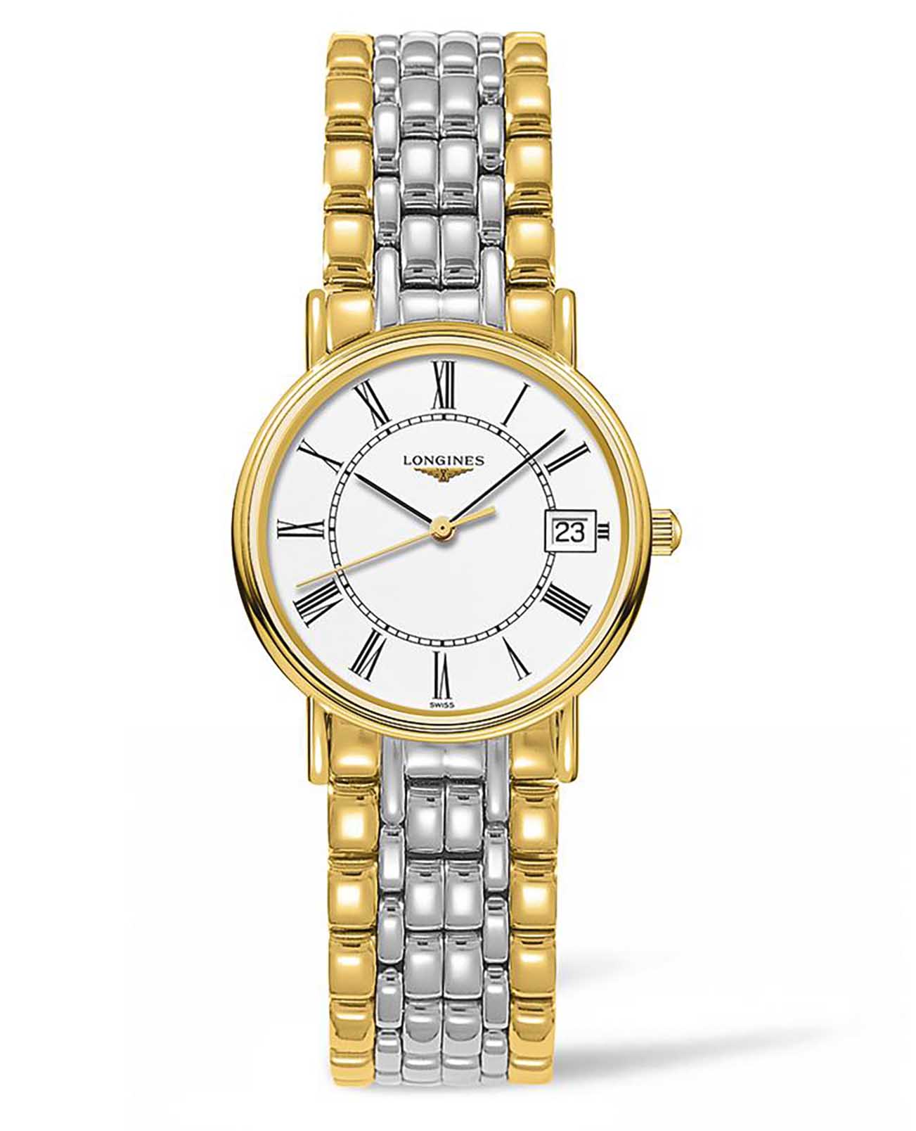 Longines Longines Presence L4.320.2.11.7  L43202117 кварцевые женские часы белый циферблат, браслет сталь c pvd покрытием — вид спереди